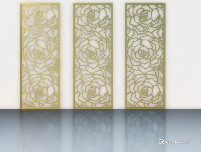 Golden Hinged Doors with Intricate Rose Laser Cut Patterns for Interior Design 3d model 