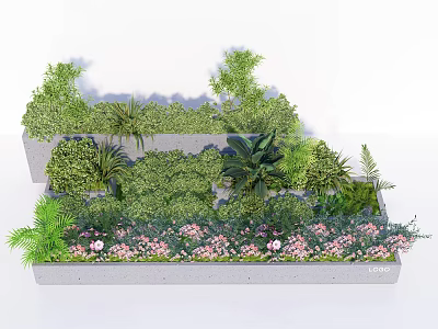 Decorative Concrete Flower Bed Planter With Green Plants And Pink Flowers Garden Landscape 3d model