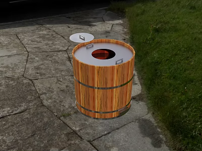 Outdoor Wooden Barrel Grill With Open Lid On Stone Pavement And Grass Area 3d model