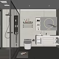Modern Bathroom Interior Design With Shower Toilet Vanity Round Mirror Shelves And Blinds