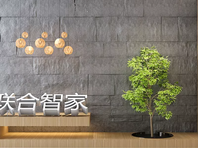Multiple Round Wooden Chandelier Hanging Over Gray Stone Wall With Green Plant And Wooden Countertop 3d model