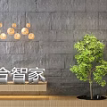Multiple Round Wooden Chandelier Hanging Over Gray Stone Wall With Green Plant And Wooden Countertop