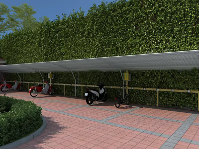 Roadside Motorcycle Parking Facility With White Canopy Green Hedge Yellow Guardrails And Red Brick Pavement 3d model