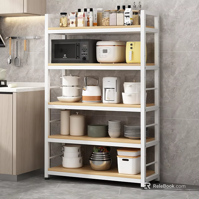 Practical Kitchen Storage Shelf With Microwave Rice Cooker Kettle Dishes And Jars 3d model 
