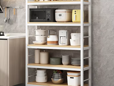 Practical Kitchen Storage Shelf With Microwave Rice Cooker Kettle Dishes And Jars 3d model