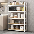 Practical Kitchen Storage Shelf With Microwave Rice Cooker Kettle Dishes And Jars