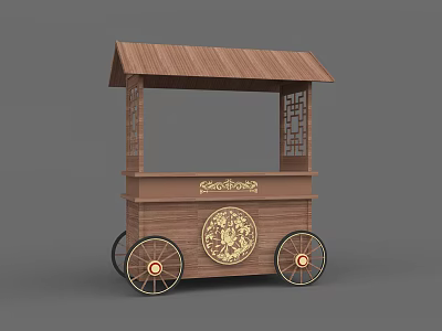 Traditional Wooden Market Cart With Roof Decorative Carving And Wheels 3d model