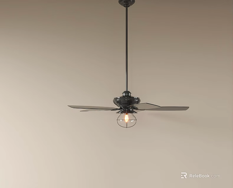 Black Ceiling Fan Light with Blades and Metal Cage Bulb Against Light Colored Wall 3d model 