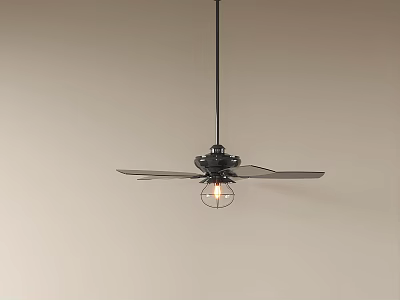 Black Ceiling Fan Light with Blades and Metal Cage Bulb Against Light Colored Wall 3d model