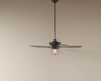 Black Ceiling Fan Light with Blades and Metal Cage Bulb Against Light Colored Wall 3d model