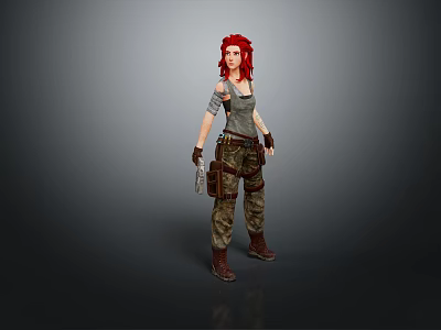 Red Haired Female Character Holding Knife in Gray Tank Top Camouflage Pants with Arm Bandage 3d model