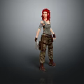 Red Haired Female Character Holding Knife in Gray Tank Top Camouflage Pants with Arm Bandage