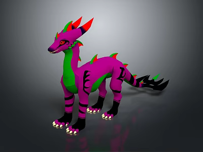 Mythical Dragon Character With Purple Body Green Accents Red Horns Black Stripes And White Claws 3d model