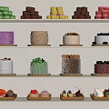 Assorted Colorful Desserts on White Shelves Including Macarons Cakes and Pastries