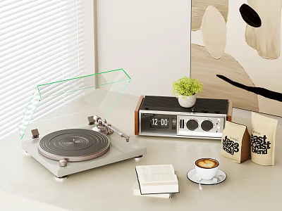 Turntable Stereo System In Cozy Room With Clock Potted Plant Coffee Cup And Books 3d model