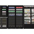 Commercial Black Multi Door Display Refrigerators Freezers Stocked With Bottled Canned Beverages