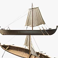 Traditional Wooden Boat With White Sail And Wooden Oars Structure Design