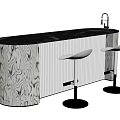 Contemporary Bar Counter With Black Top Wood Grain Panel Faucet And White Stools