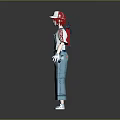 Man with red hair white cap blue overalls red star patterns tool belt blue gloves