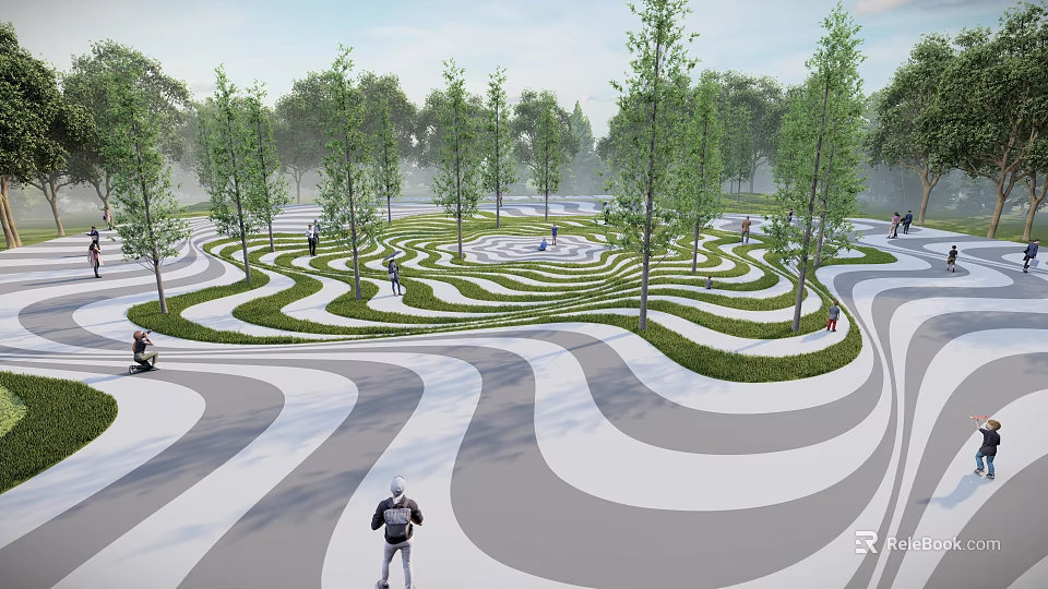 Park Landscape With Wavy Gray And White Paths Trees And People Walking 3d model 