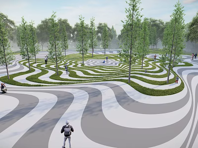 Park Landscape With Wavy Gray And White Paths Trees And People Walking 3d model