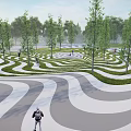 Park Landscape With Wavy Gray And White Paths Trees And People Walking