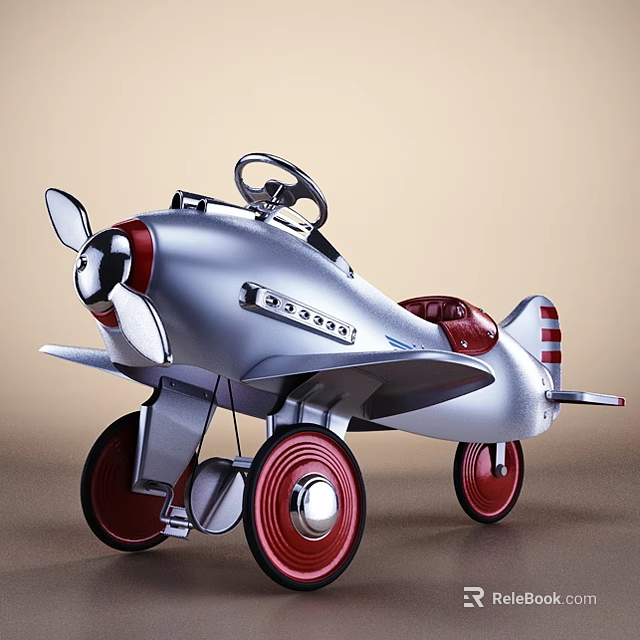 Vintage Electric Toy Airplane with Silver Body Red Wheels Red Seat for Kids Steering Wheel 3d model 