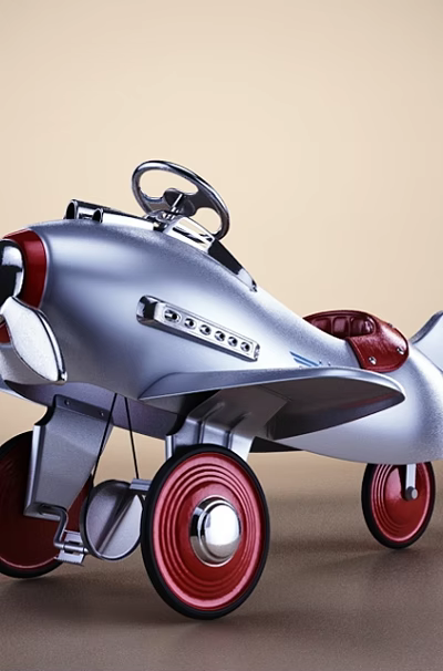 Vintage Electric Toy Airplane with Silver Body Red Wheels Red Seat for Kids Steering Wheel 3d model