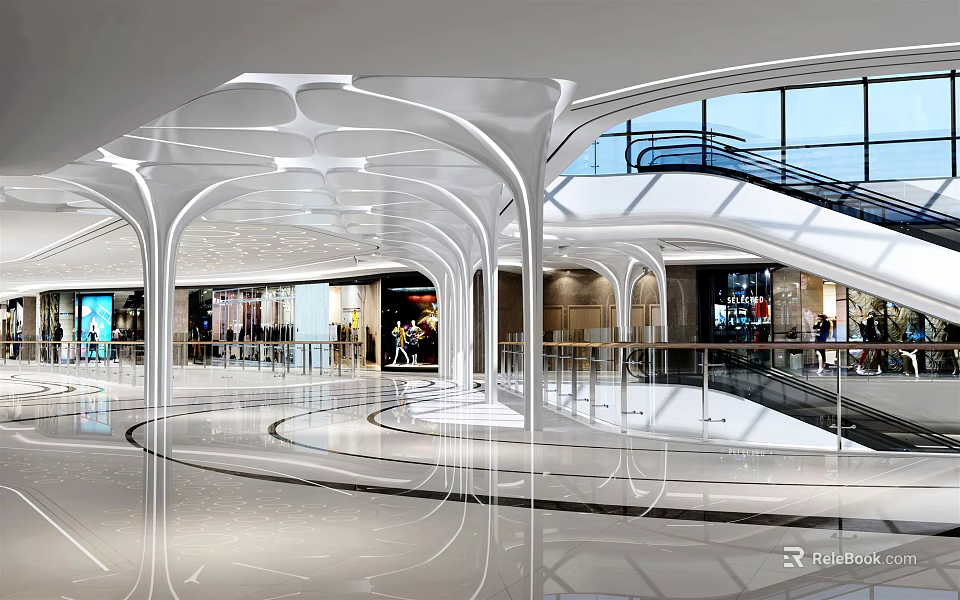 Spacious Modern Mall Atrium With Curved Architectural Ceiling Glass Facade And Escalators 3d model