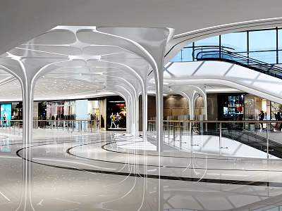 Spacious Modern Mall Atrium With Curved Architectural Ceiling Glass Facade And Escalators 3d model
