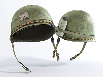 Two Old Green Helmets With Colorful Decorative Straps And Small Bottle 3d model