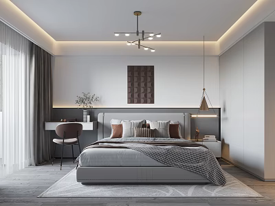 Modern Bedroom Interior Design With Bed Nightstand Chandelier Curtains And Desk 3d model