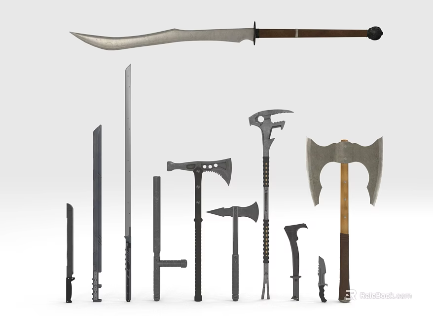 Various Weapon Collection With Knives Axes Daggers And Metal Blades Of Different Sizes 3d model 