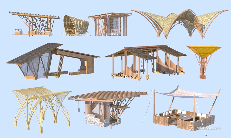 Modern Outdoor Wooden Architectural Structures With Various Designs And Roof Shapes 3d model 