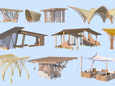 Modern Outdoor Wooden Architectural Structures With Various Designs And Roof Shapes 3d model