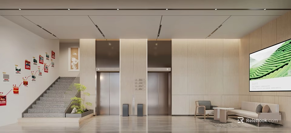 Front Desk Reception Lobby With Elevators Staircase Potted Plant Armchair And Side Table 3d model 