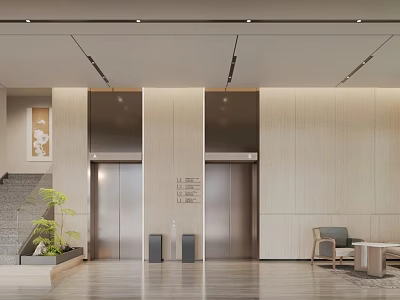 Front Desk Reception Lobby With Elevators Staircase Potted Plant Armchair And Side Table 3d model