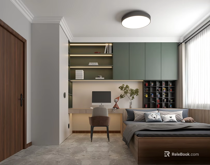 Modern Tatami Bedroom Interior With Tatami Bed Green Cabinets And Desk Bookshelf 3d model 