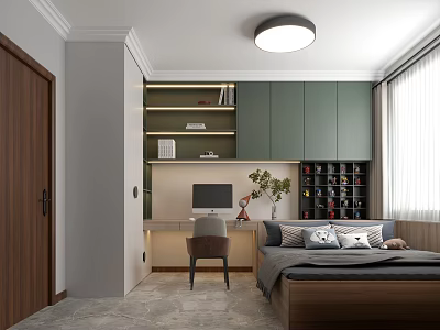 Modern Tatami Bedroom Interior With Tatami Bed Green Cabinets And Desk Bookshelf 3d model