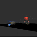 Red Robot With Green Eye Mechanical Legs On Yellow Striped Platform Surrounded By Floating Particles