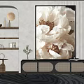 Stylish TV Cabinet With Rattan Panel Doors And Large Floral Painting In Minimalist Living Room
