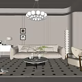 Modern Living Room Interior With White Sofa Round Chandelier And Geometric Pattern Floor Tiles