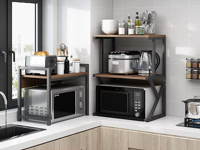 Kitchen Interior With Metal And Wooden Shelves Microwave Rice Cooker Kettle Bowls And Jars 3d model