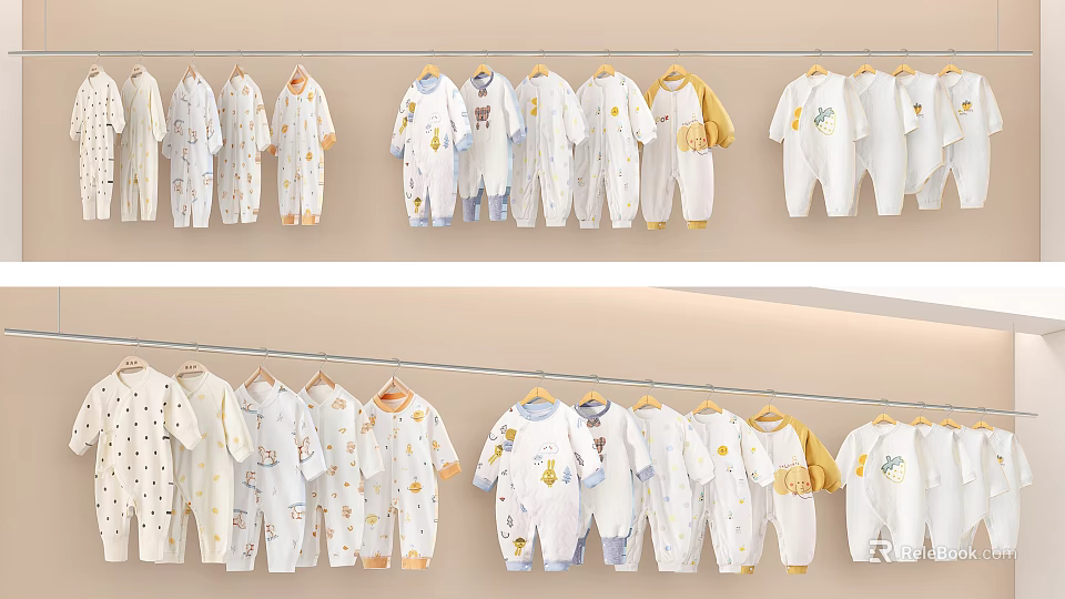 Cute Baby Onesies Hanging Display With White Yellow Blue Colors And Adorable Patterns 3d model 