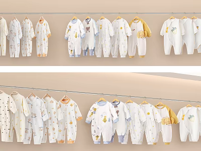 Cute Baby Onesies Hanging Display With White Yellow Blue Colors And Adorable Patterns 3d model