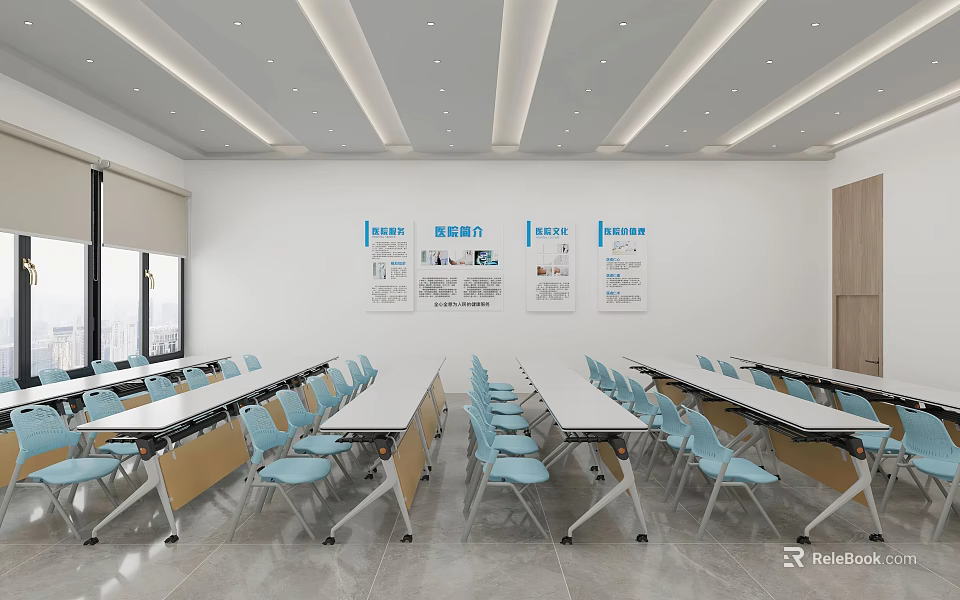 Bright Modern Spacious Conference Room With Neatly Arranged Training Tables And Comfortable Light Blue Chairs 3d model 
