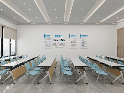 Bright Modern Spacious Conference Room With Neatly Arranged Training Tables And Comfortable Light Blue Chairs 3d model