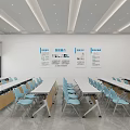 Bright Modern Spacious Conference Room With Neatly Arranged Training Tables And Comfortable Light Blue Chairs