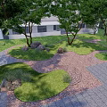 Residential Landscape Design With Green Lawn Trees Rocks And Stone Path