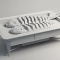 Two Roasted Fish on Metal Tray With Handles and Sauce Labeled Fish on Wooden Floor